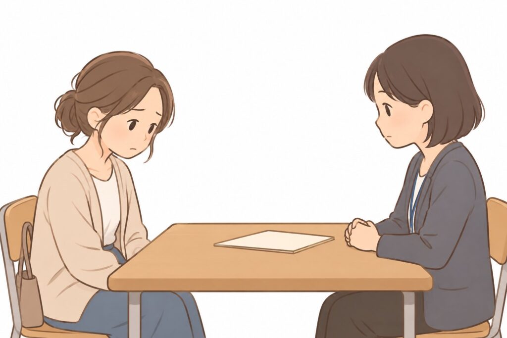 三者面談で成績表を渡されただけで、話が弾まず戸惑う母親と先生
