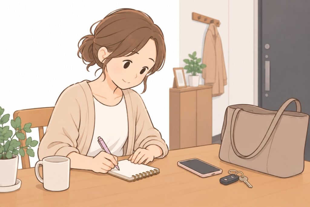 次の三者面談に向けて、自宅で聞きたいことをメモする母親