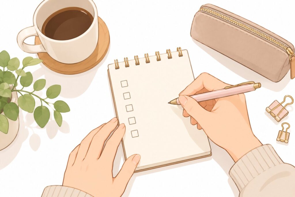 三者面談の前に質問リストをメモ帳に書き出しているところ