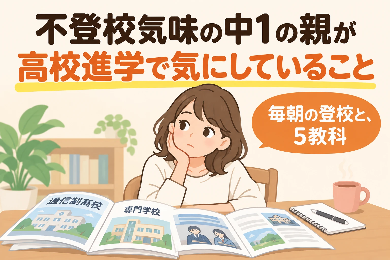 不登校気味の中1の親が高校進学で気にしていること（母親がパンフレットを見て考えているイラスト）