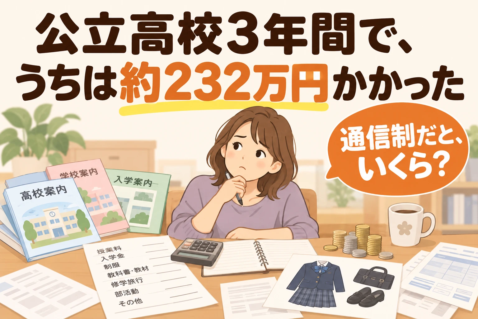 公立高校3年間で、うちは約232万円かかった（電卓と資料を前に考える母親のイラスト）