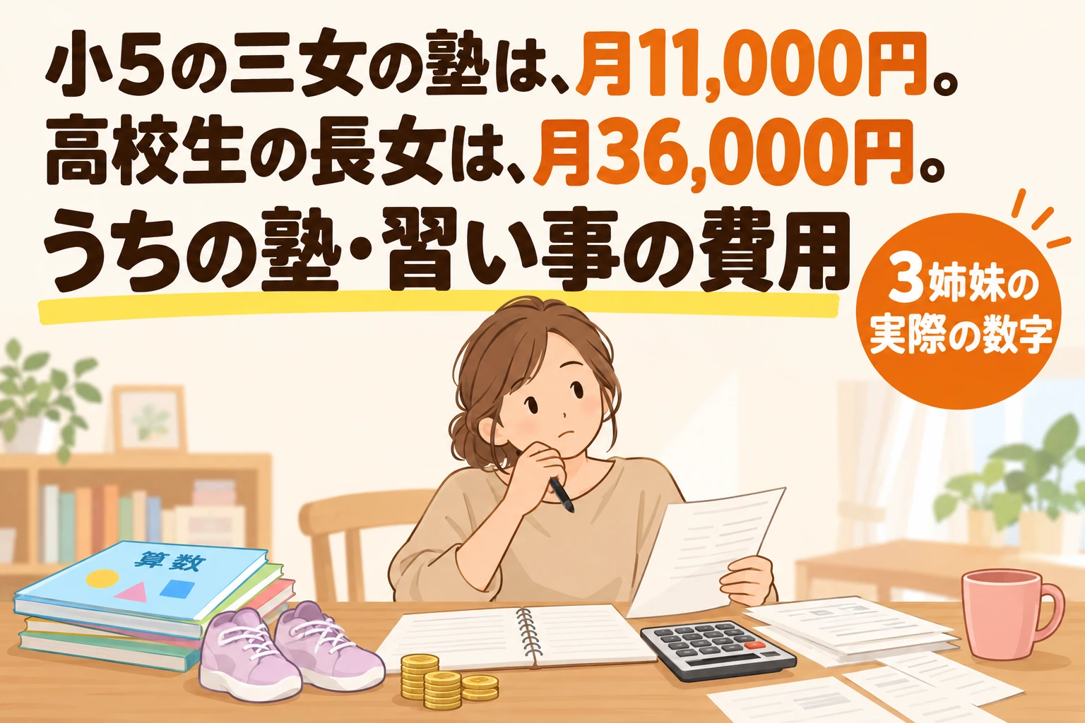小5の三女の塾は月11,000円。高校生の長女は月36,000円。うちの塾・習い事の費用（電卓と書類を前に考える母親のイラスト）