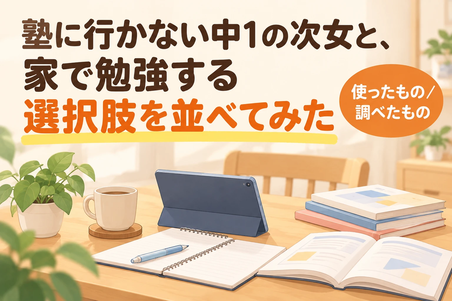 塾に行かない中学生の勉強：家で勉強する選択肢を並べた、タブレットとノートのイラスト